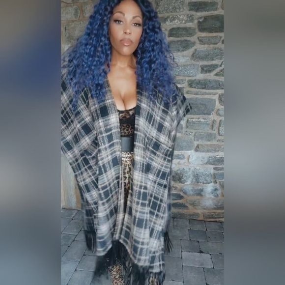 Miz Native Plaid Vegan Fringe Poncho - Picture 17 of 17